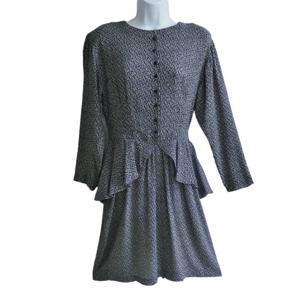 Vintage Secretary Pinup Dress Midi Navy White Geo Peplum Back Zipper USA SP - Picture 6 of 8